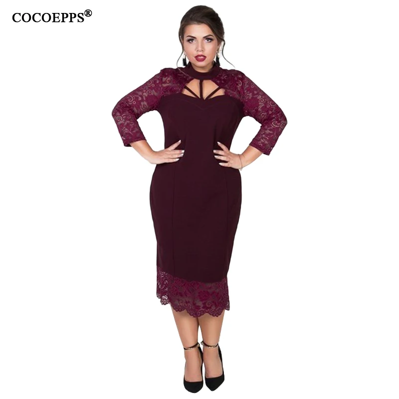 COOEPPS Осеннее женское платье кружевное с вырезом зимнее Vestidos большой размер