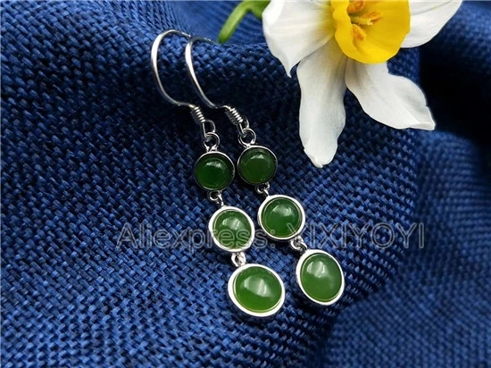 Beautiful 925 Sterling Silver Green HeTian Jade Round Inlay Dangle Style Lucky Hook Earring Girl's Charm Gift Fine Jewelry | Украшения