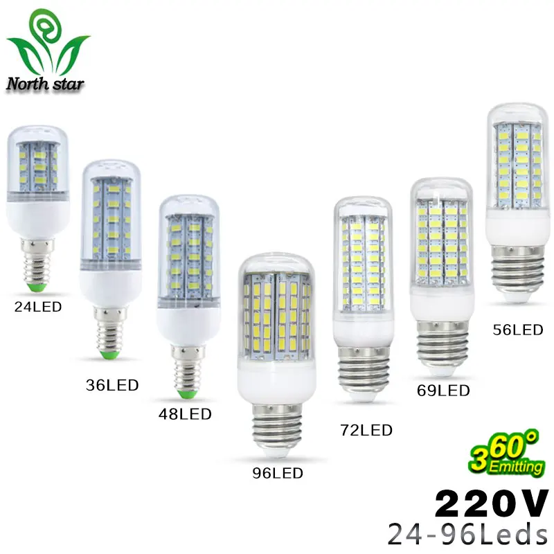 10 шт./лот E27 светодиодные лампы E14 SMD5730 220 В кукурузы 24 36 48 56 69 72leds люстра Свет Свечи