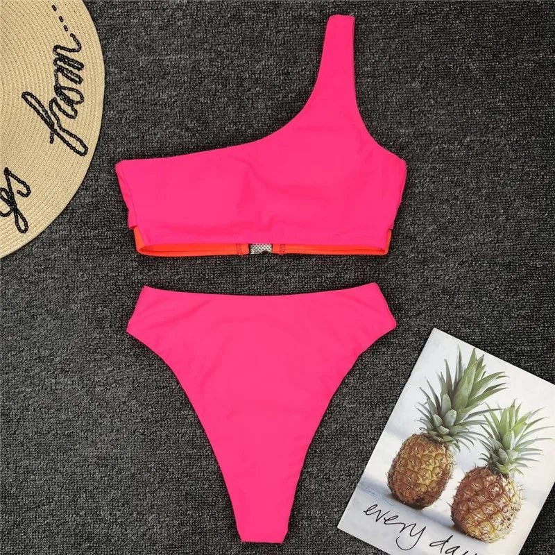 Розовый на одно плечо сексуальный пуш-ап бикини купальник женский новый пряжка