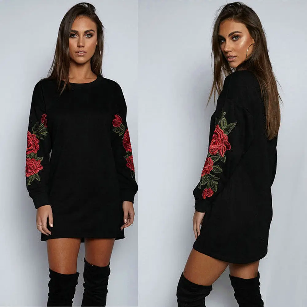 Осень зима 2017 популярная женская одежда с вышивкой футболка длинным рукавом и