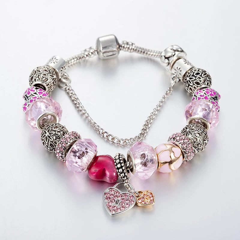 Heart Pendant Fashion Noble Elegant Charm Bracelets &amp Bangles With Pink Chamilia/Crystal/glass Beads Women Pand Bracelet | Украшения и