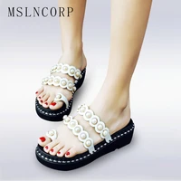 plus size 34 44 fashion women summer platform sandals pearls cut out ladies casual beach slippers mules slides peep toe shoes