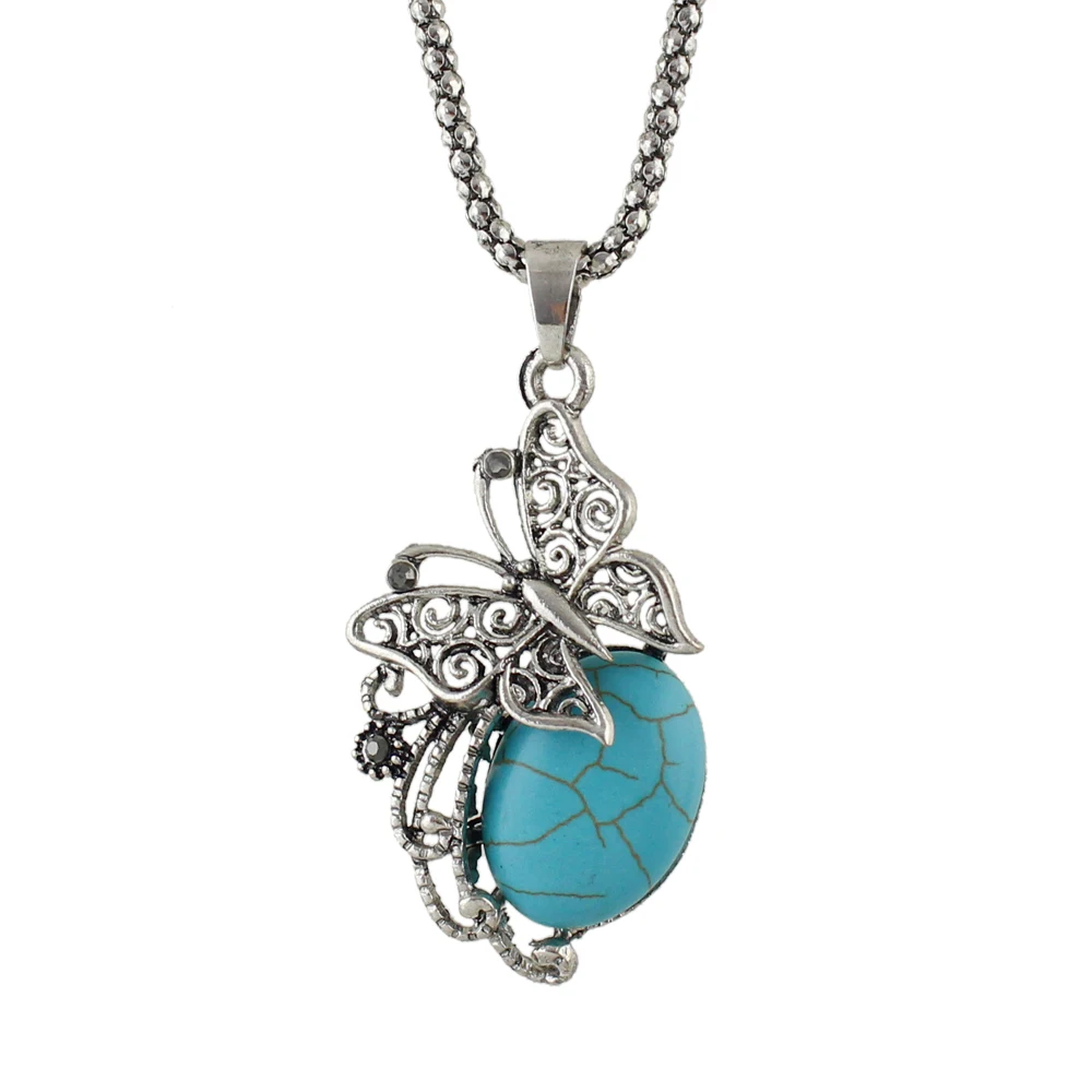 Joywish Vintage Style Ethnic Jewelry set Antique Silver Color with Blue Stone Butterfly Pendant Necklace and Drop Earrings|ethnic jewelry set|jewelry