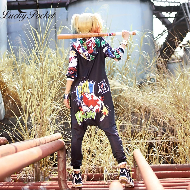 Женский комбинезон с длинным рукавом и капюшоном в уличном стиле весна осень