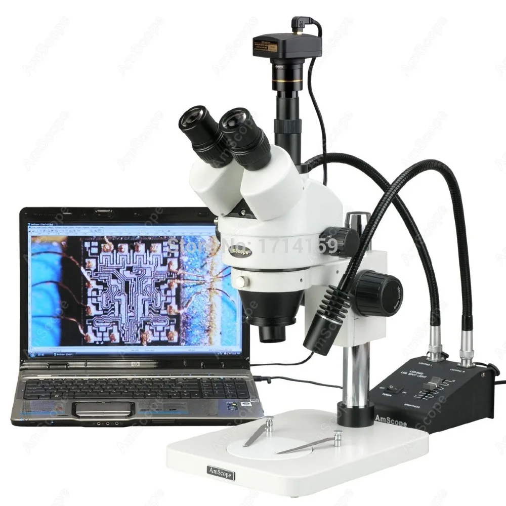 AmScope Suuplies 7X 45X LED Два гусиная шея свет зум стерео микроскоп + 9MP USB Цифровая камера