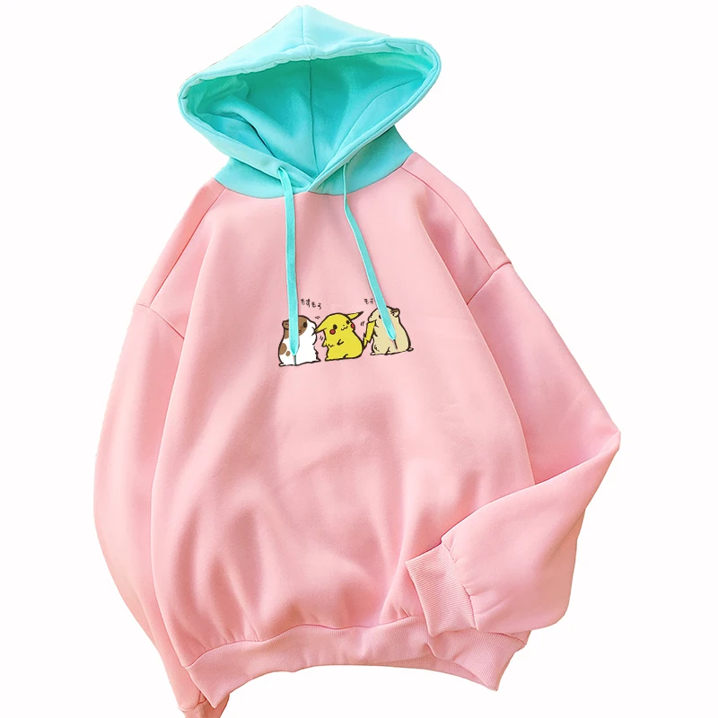 Kpop толстовки женские Харадзюку Пикачу хомяк печатных Kawaii Толстовка лоскутное moletom feminino inverno уличная одежда Топ PSLM-214
