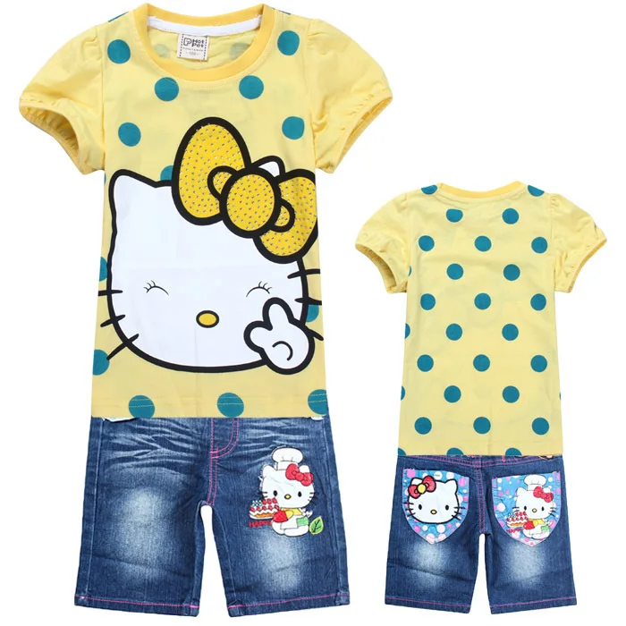 Wholesale New 2014 Summer Kids Clothing Set Cute Dots Hello Kitty t shirts + Pants Jeans Shorts Outfits Girls | Мать и ребенок