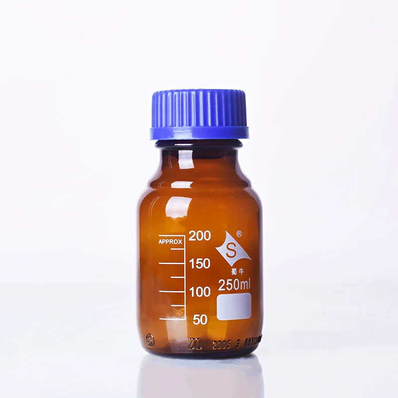 Brown reagent bottle,With blue screw cover,Normal glass,Capacity 250ml,Graduation Sample Vials Plastic Lid