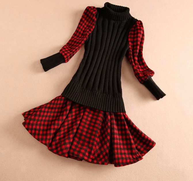 Новое осенне зимнее корейское женское приталенное клетчатое платье в английскую