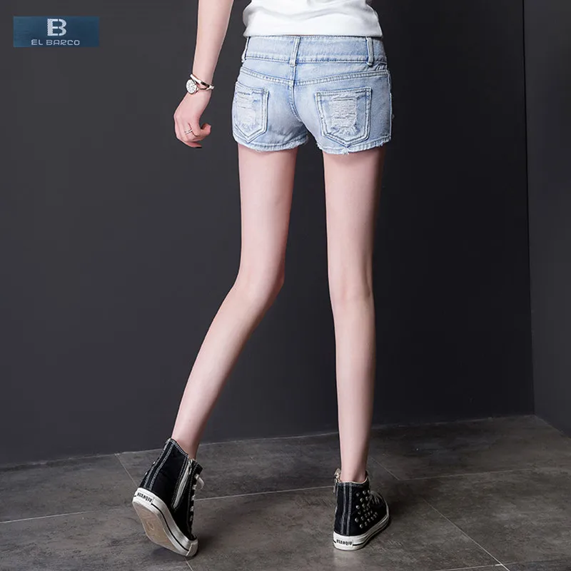 Женские рваные джинсовые шорты [EL откидной] синие однотонные мини с карманами и