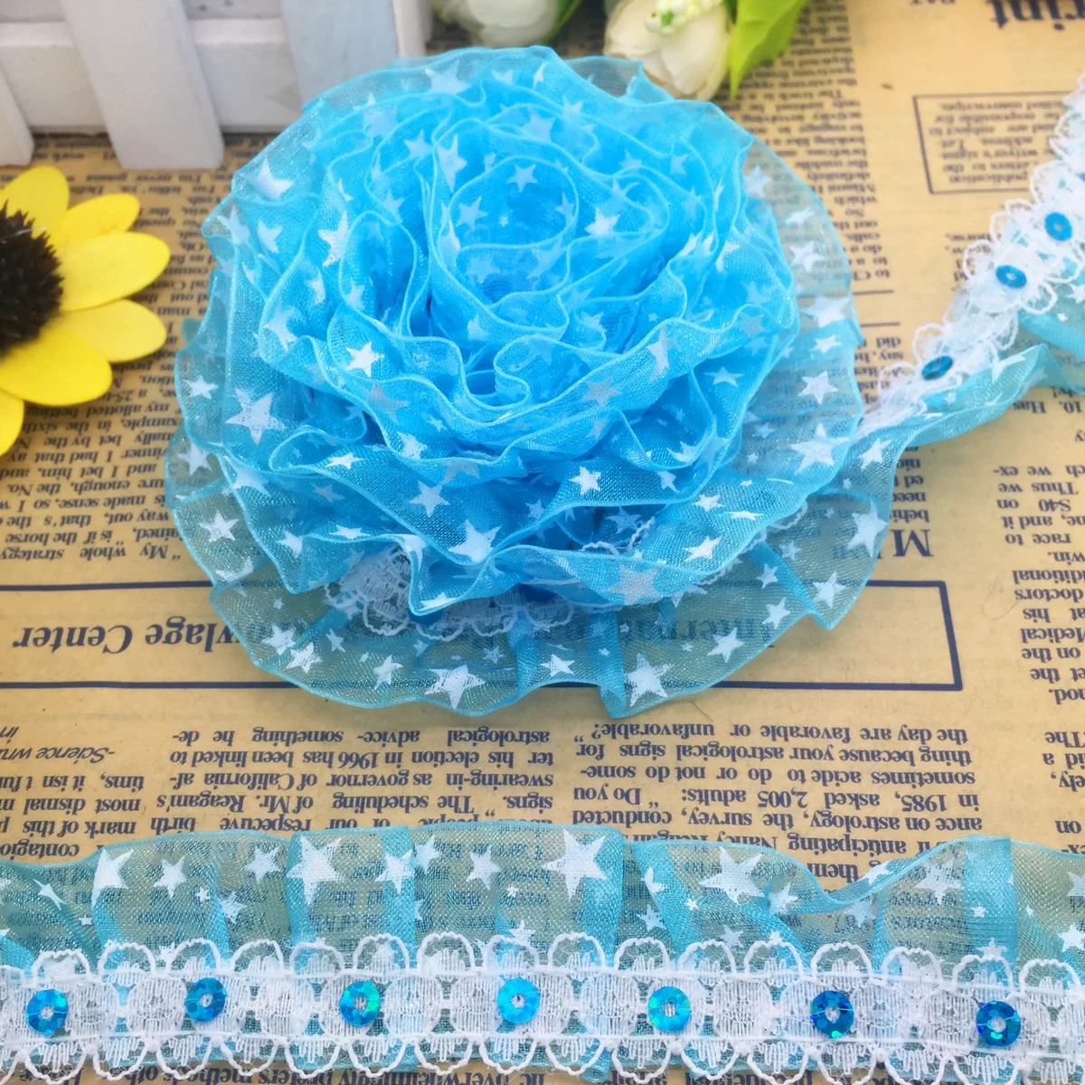 DIY 5 ярдов 2 слоя 30 мм ширина звезды органзы кружева собранные плиссированные блестками отделка дома ручной работы ткань украшения - Цвет: Sky Blue