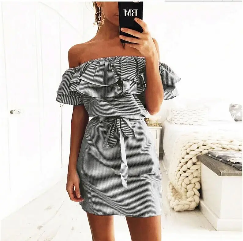 

Summer 2019 Women Sexy Off Shoulder Slash Neck Strapless Mini Dress Casual Striped Ruffle With Belt Slim Dress