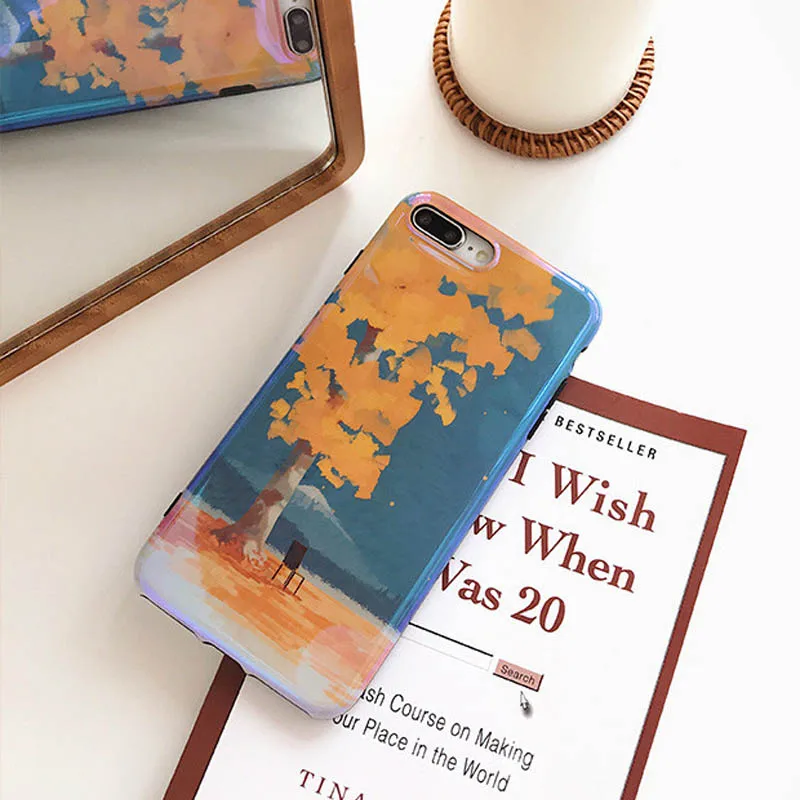 JIBAN Landscape Oil painting case For iphone X 8 8plus Shiny Blu ray Soft silicon Back Cover for 6 6s 6plus 7 7Plus Capa |