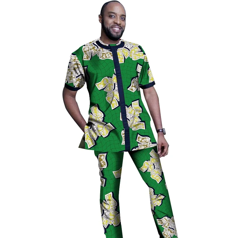 Африканская одежда с принтом мужские топы + брюки комплекты рубашек и брюк