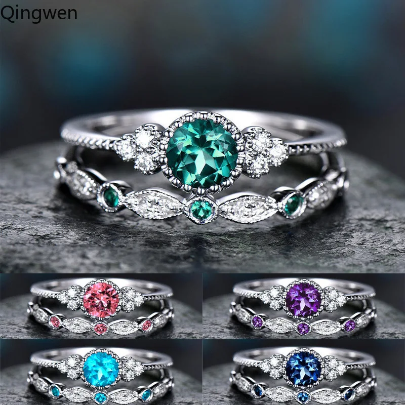 Qingwen 2 шт./компл. ; роскошная женская обувь, расшитая зелеными синий камень кольца с настоящими Австрийскими кристаллами Для женщин серебряного цвета Цвет Свадебные Обручение кольца, ювелирное изделие, Дропшип
