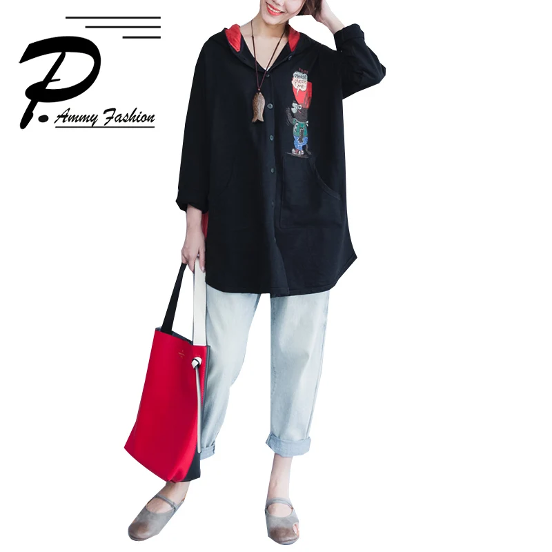 2018 осень-зима Большие размеры принтом на спине свободные с капюшоном