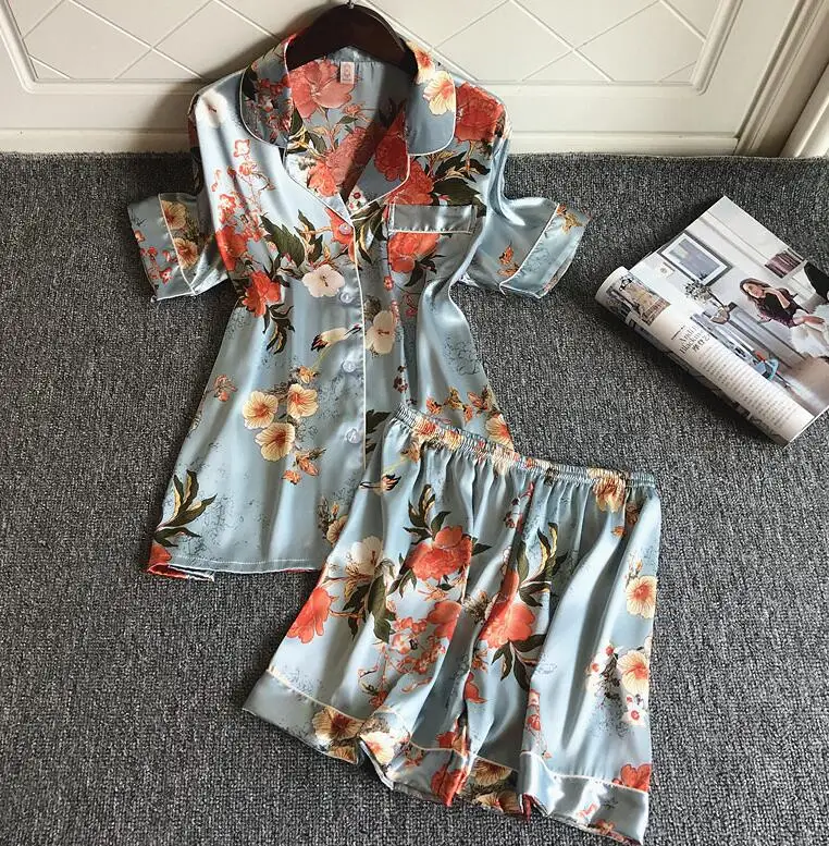 Blue Short SAPJON, новинка, 3 шт., женские пижамные комплекты со штанами, сексуальная пижама, атласная, с цветочным принтом, ночное белье, шелковое, ночное белье, пеньюар, пижама - Цвет: Blue Short