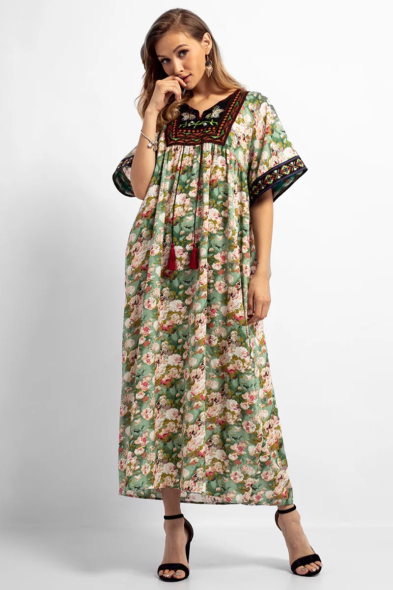 Summer Bohemian Embroidery Maxi Dress Printed Tassel Indian Abaya Short Sleeves Dubai Ankle-Length Long ZD83032 | Женская одежда