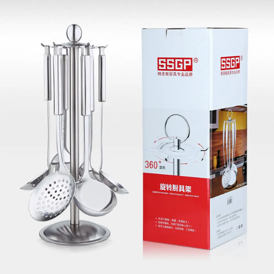 

SSGP 5 & 7 Pcs Set Of Kitchen Tools 304 Stainless Steel Spatula Soup Spoon Cooking Utensils Accessories With Shelf High Quality