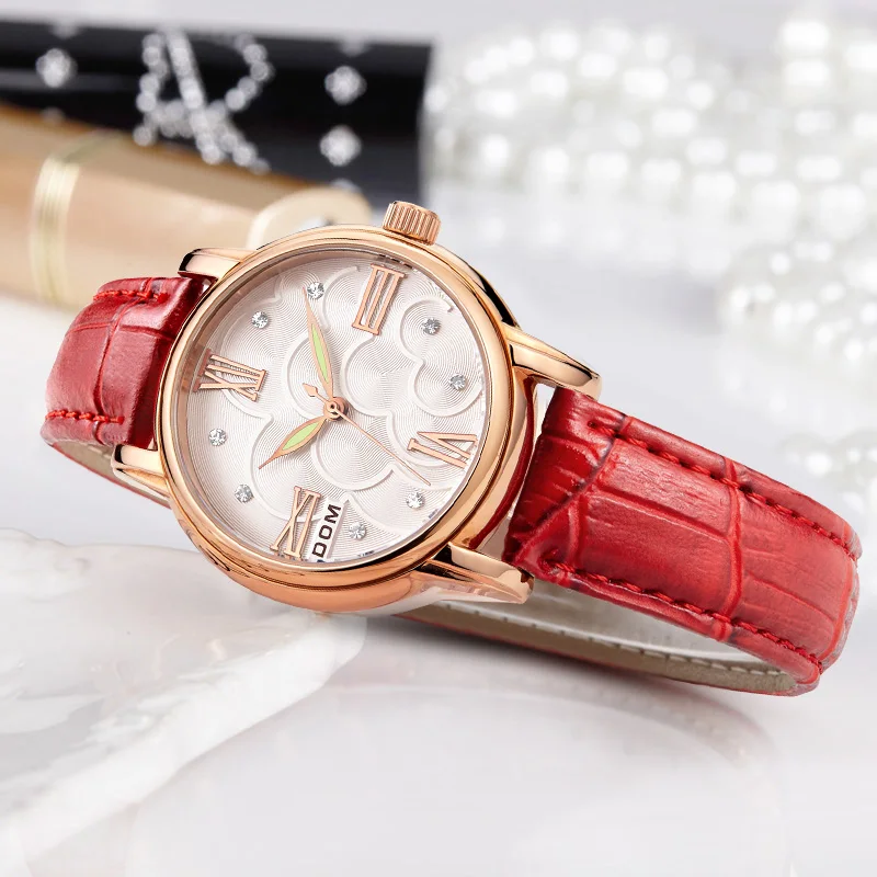 Кварцевые женские часы DOM из натуральной кожи розового золота водонепроницаемые