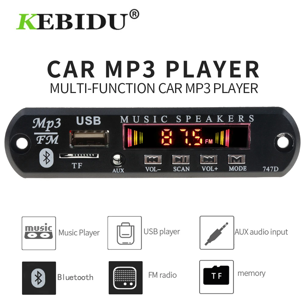 Mp3 плеер Kebidu 5 в 12 В Плата декодера Bluetooth MP3 автомобильный комплект FM радио TF USB 3 мм
