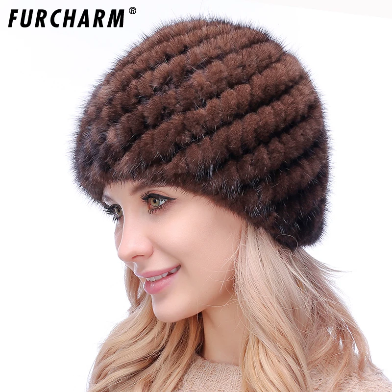 Женские шапки из натурального меха норки FURCHARM зимняя вязаная шапка с помпоном
