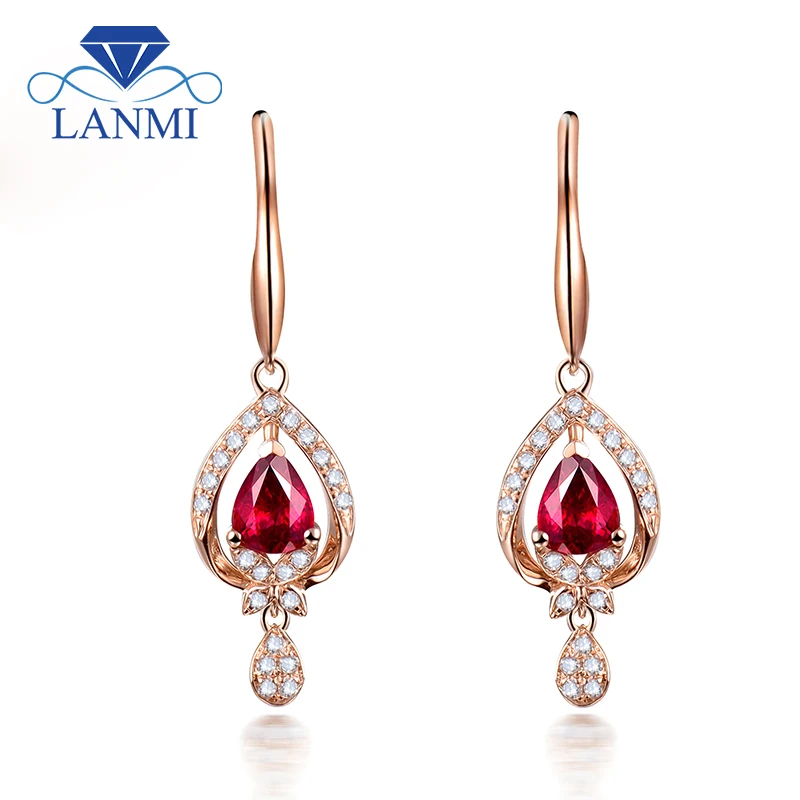 Женские серьги с натуральным Рубином в форме груши вечерние из розового золота 18