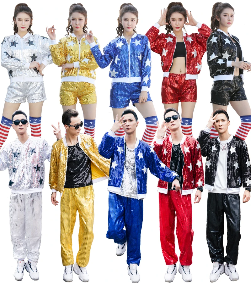 

Women Stars Jazz Sequins Stage Hip Hop Dance Costume Sets Tracksuit Suit For Women Gold Silver Red Dance Clothing New 2018 70