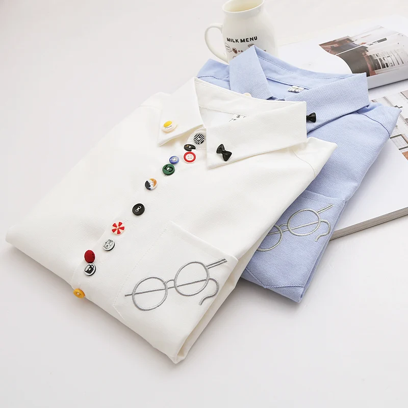 Новинка весна-осень 2019 рубашка с вышивкой в виде очков карманами Женская