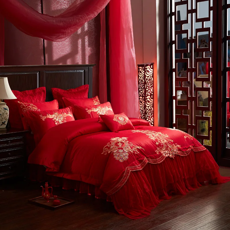 Комплект постельного белья из 100% хлопка с роскошной вышивкой и атласным кружевом