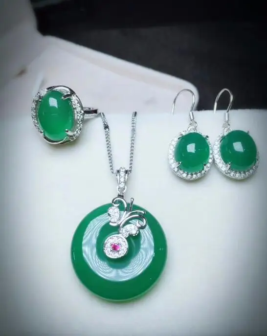 

Natural Ice Chrysanthemum Chiffon Set Four-color Three-piece Pendant Earrings Ring S925 Silver Mosaic Female Chalcedony Necklace