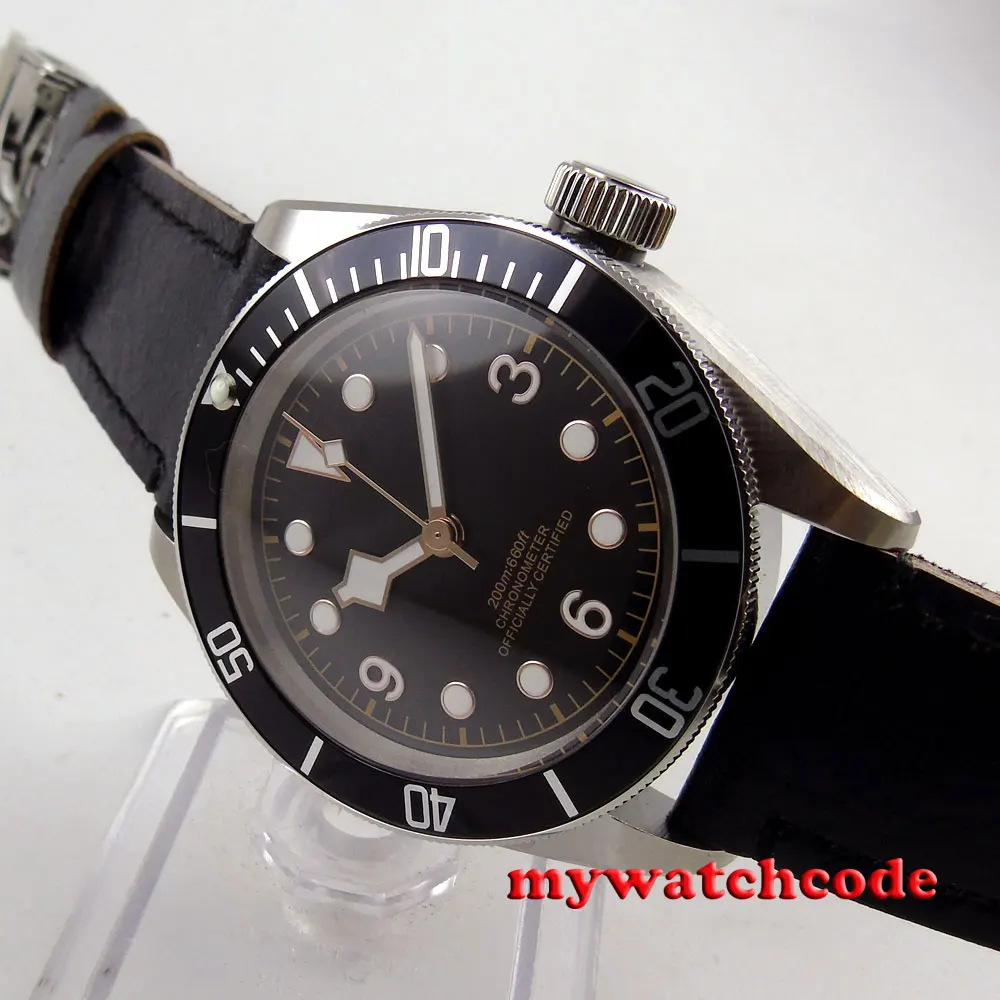 Автоматические Мужские часы с черным стерильным циферблатом и сапфировым