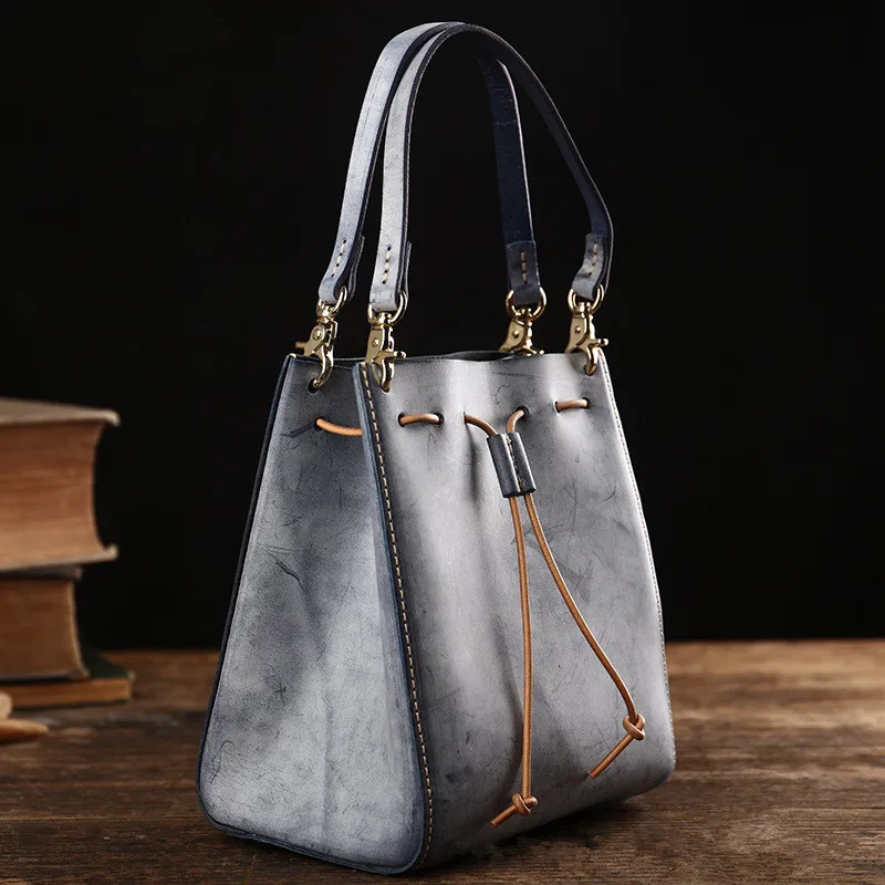 

Handmade Original Vintage Bucket Women Handbags Cow Leather Messenger Shoulder Bag Vegetable Tanned Leather Bags Foggy skin