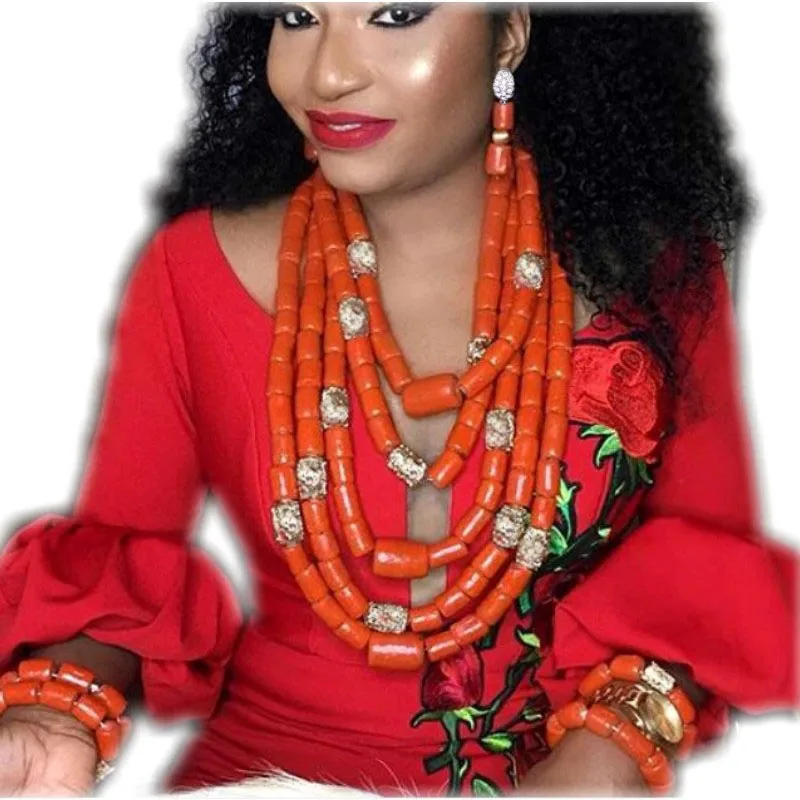 Bracelet Earrings Necklace Set African Nature Coral Beads Jewelry Sets For Women With Gold Balls 3 Layers Bridal Jewellery | Украшения и