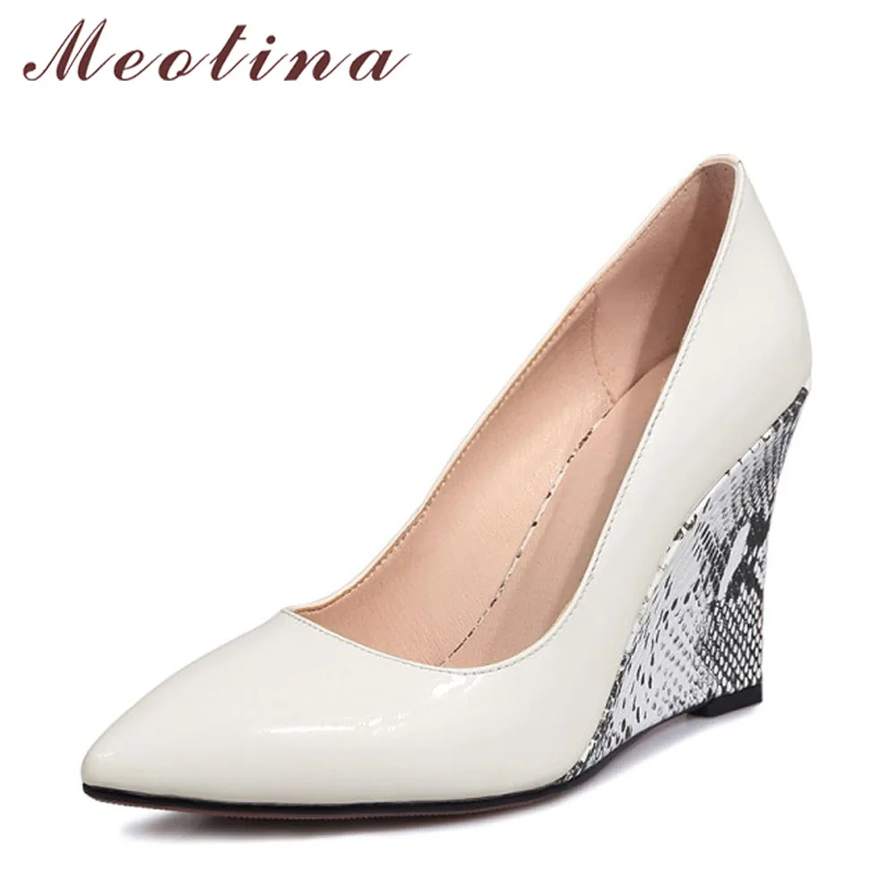 

Meotina Women Pumps Wedge Heels Female Shoes Pointed Toe High Heels Bridal Shoes White Black Wedding Shoes 2018 Spring Size 34