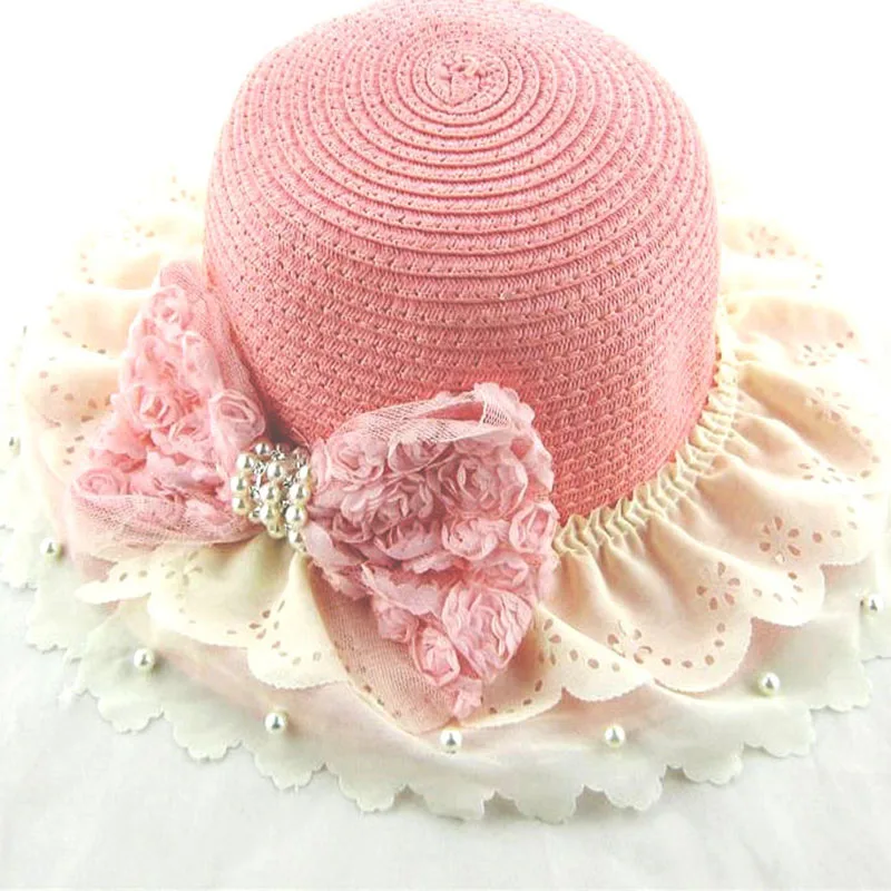 Children hat hats spring and summer girl baby pearl bow flowers sun natural beauty colorful Beach cap 2mz39 | Детская одежда и