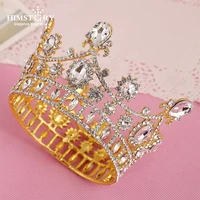 himstory baroque vintage gold rhinestone round crown bride crystal king queen tiara wedding royal diadem bridal hair accessories