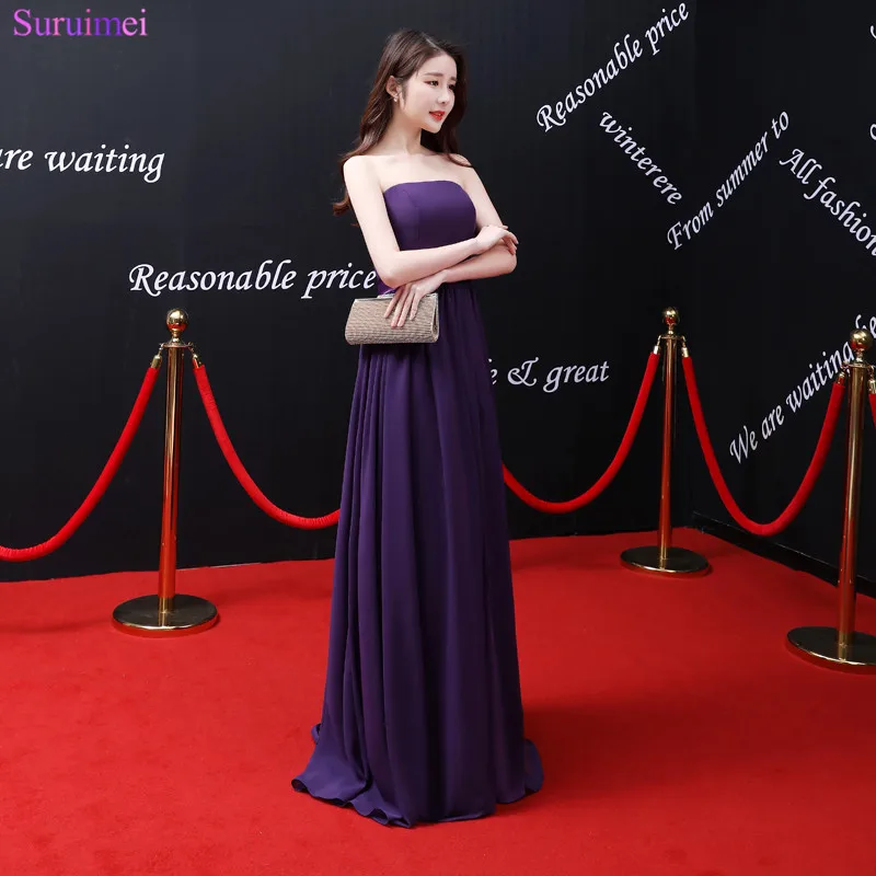 

2018 New Arrival Purple Evening Gown Strapless Off The Shoulder Floor Length Chiffon Side Slit High Silt Long Evening Gown