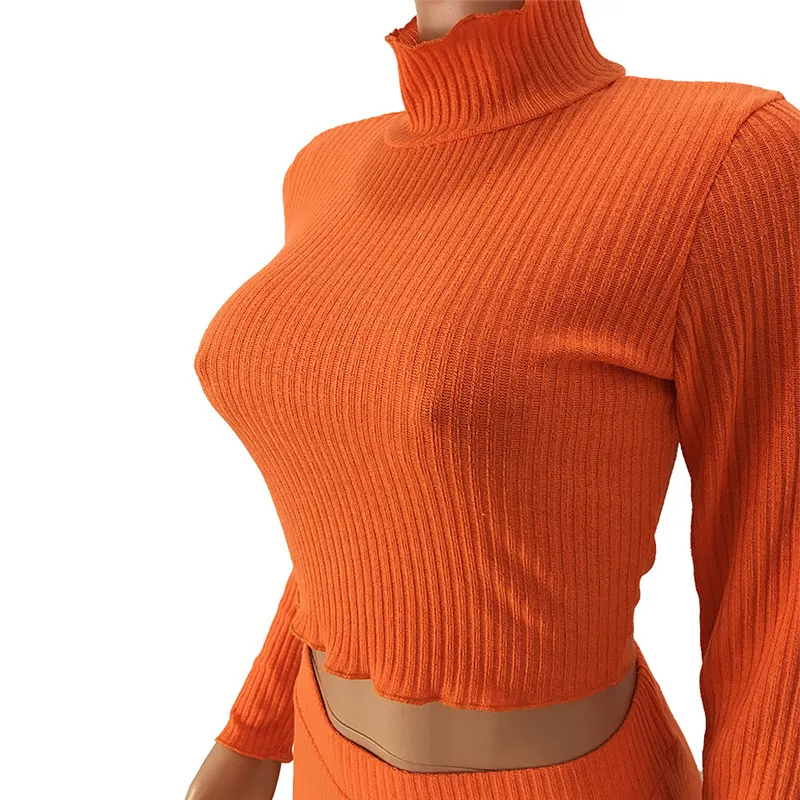 Sexy Knitted Ribbed Two Piece Set Women's Outfits Long Sleeve Turtleneck Crop Top+ high waist Wide Leg Pants Casual Sweat Suits | Женская