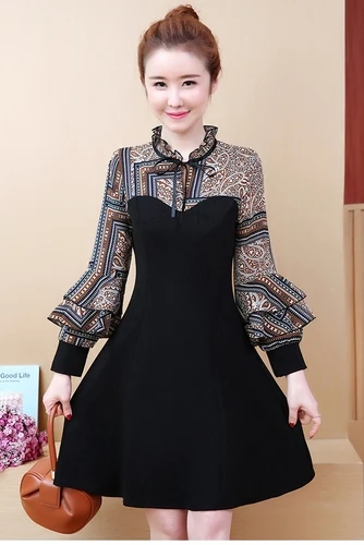 

Plus Size Loose Office Lady A-line Patchwork Women Dress 2019 Spring Chiffon Print Flare Sleeve Fashion Elegant Dresses Woman