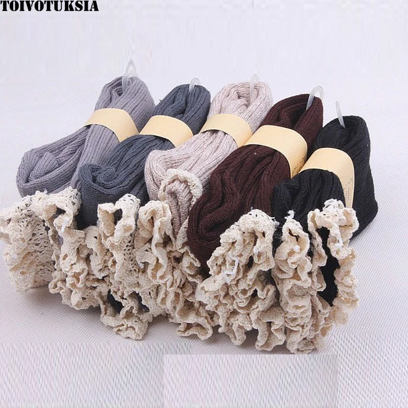 

TOIVOTUKSIA Soft Women Girls Winter Warm Knitted Lace Top Trim Boot Socks