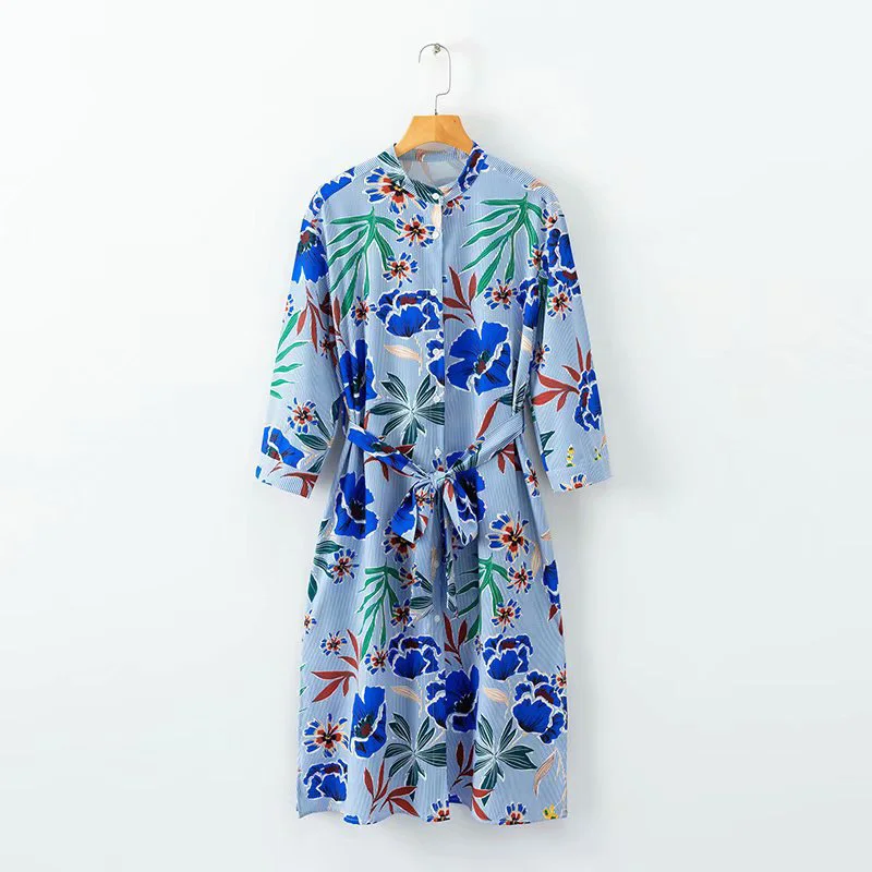 JuneLove 2020 summer cotton ladies casual floral striped print a line dress sashes turn down collar vestidos | Женская одежда