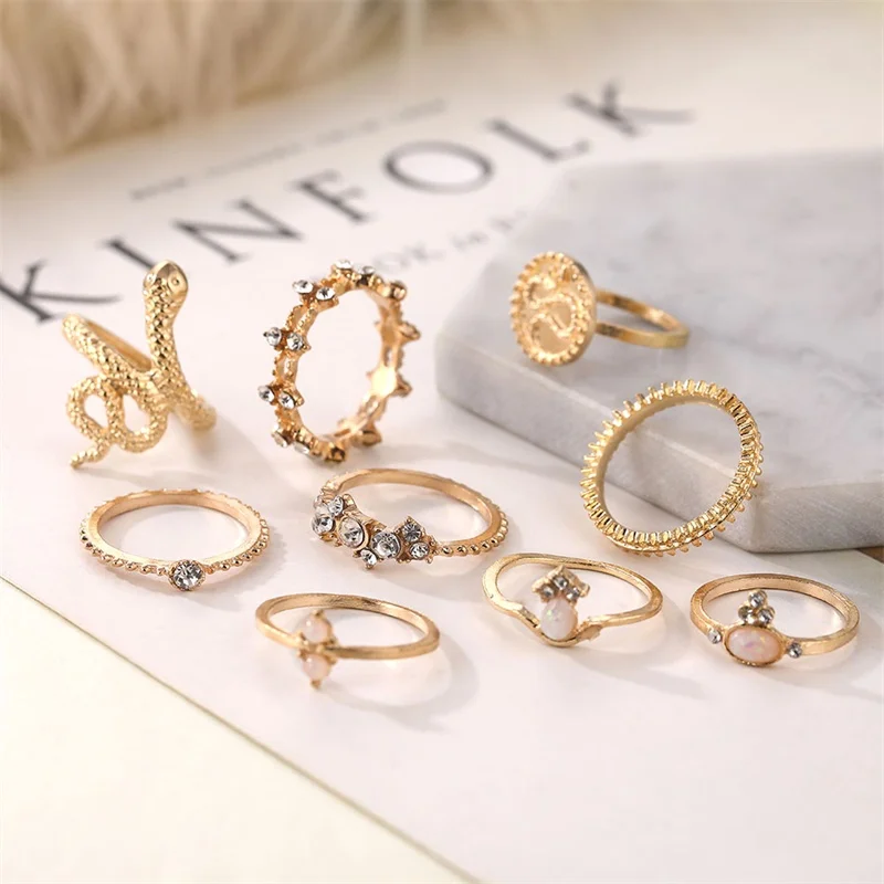 9Pcs/set Bohemian Charm Retro Crystal Snake leaf Simple Golden Ring Set for Women Fashion Evening Wedding Jewelry Accessories | Украшения и