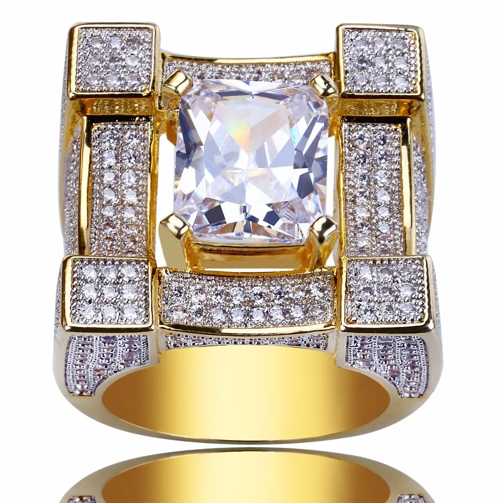 AAA кубического циркония льда из Bling Золотой большой широкий хип хоп кольца золото цвет геометрический для мужчин хип хоп рэппер CZ кольцо ювелирные изделия