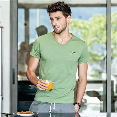 Army green GustOmerd, летняя новая мужская футболка, модная мужская футболка, Мужская футболка с карманом, пэчворк, v-образный вырез, одноцветная Повседневная футболка - Цвет: Army green