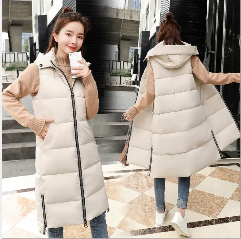 beige white Зимний длинный офисный женский жилет, модный пуховый хлопковый женский жилет с капюшоном, тонкий толстый теплый жилет для улицы размера плюс 4XL Q709 - Цвет: beige white