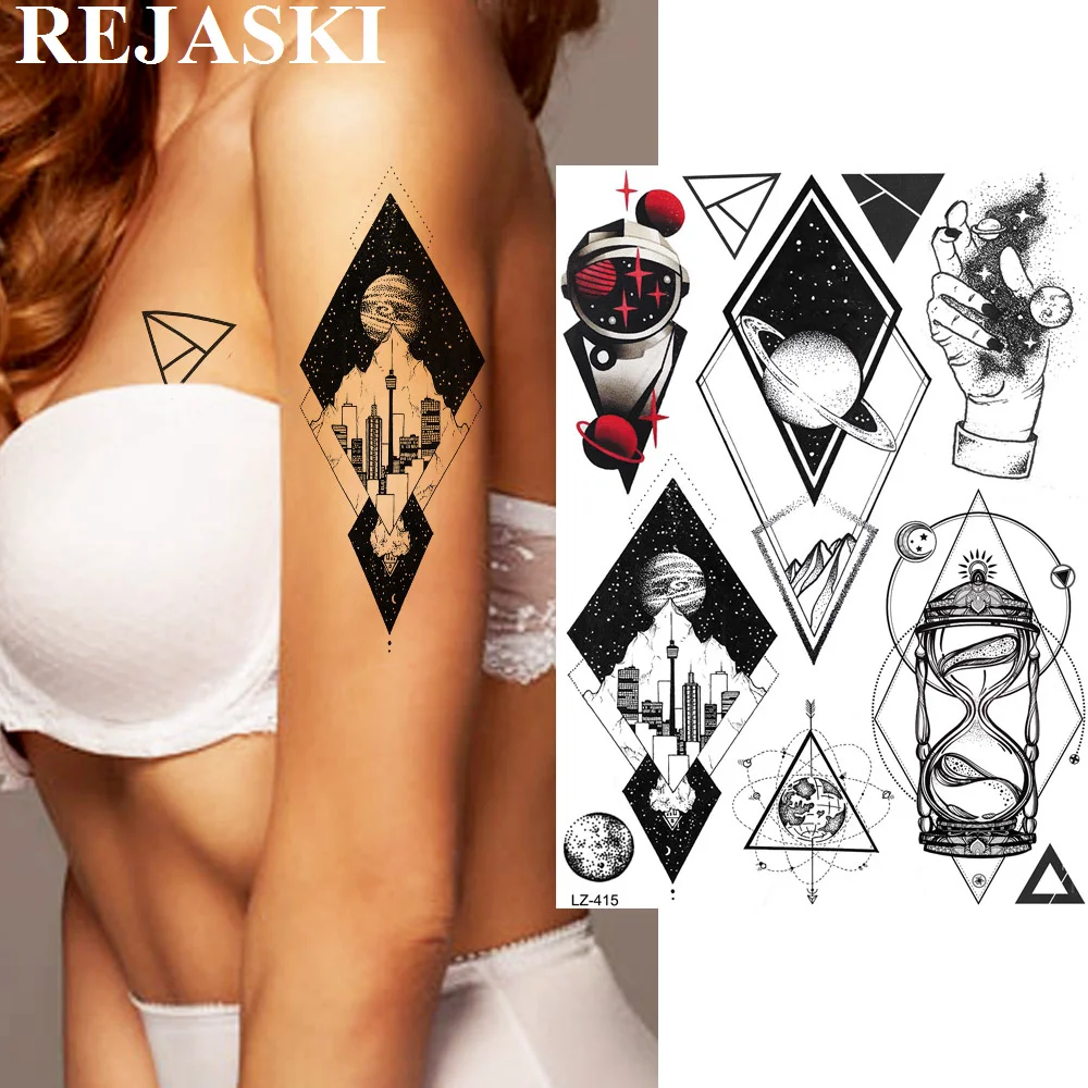 

REJASKI Geometric Diamond Planets Temporary Tattoos Sticker Fake Tatoos For Women Men Triangle Round Astronaut Art Custom Tattoo