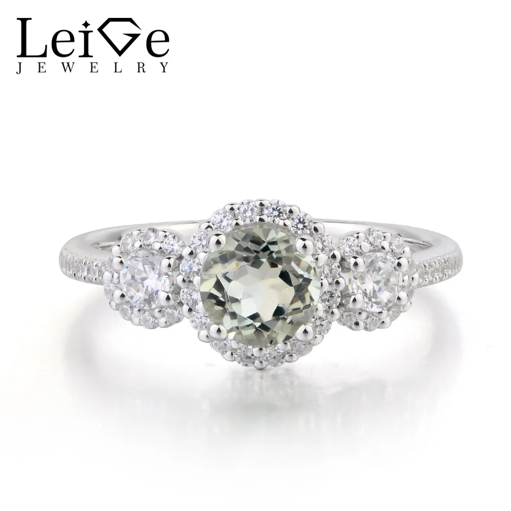 

Leige Jewelry Anniversary Ring Natural Green Amethyst Ring Round Cut Gemstone 925 Sterling Silver Ring February Birthstone Gifts