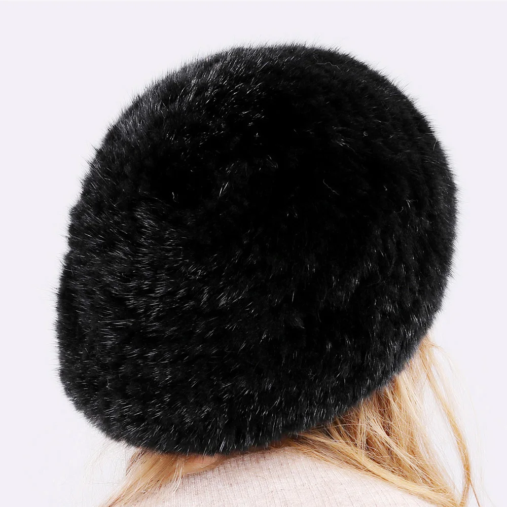 Шапка бини женская из натурального меха норки стильная вязаная эластичная шапка
